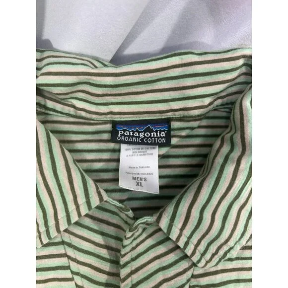Patagonia Men's XL Organic Cotton Striped Polo Shirt Green & Brown Short Sleeve - Picture 2 of 8